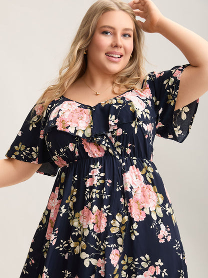Ruffled Neck Off-Shoulder Floral Midi Dress