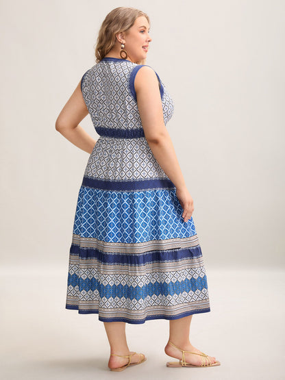 Boho Pattern Spliced Sleeveless Midi Dress