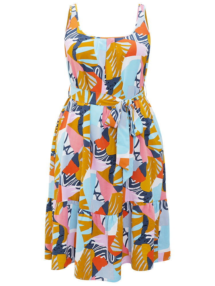 Graphic Print Ruffles Hem Pocket Belt Pleated Tank Dress