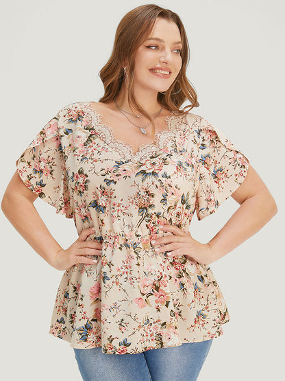 Floral Print Lace Trim Ruffle Hem Petal Sleeve Blouse