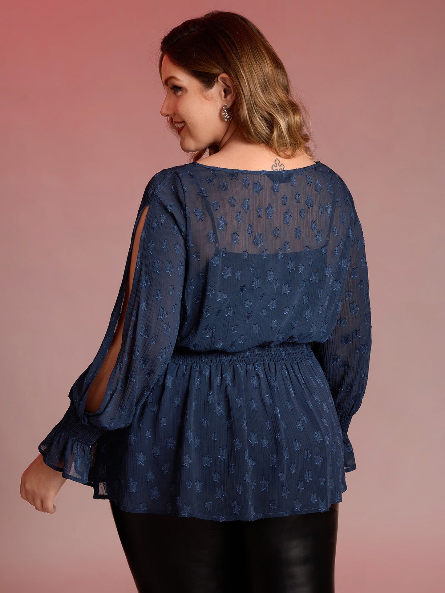 Star Jacquard Print Shirred Ruffled Blouse