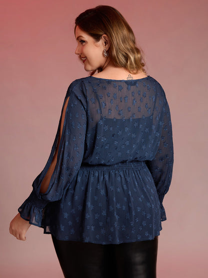 Star Jacquard Print Shirred Ruffled Blouse