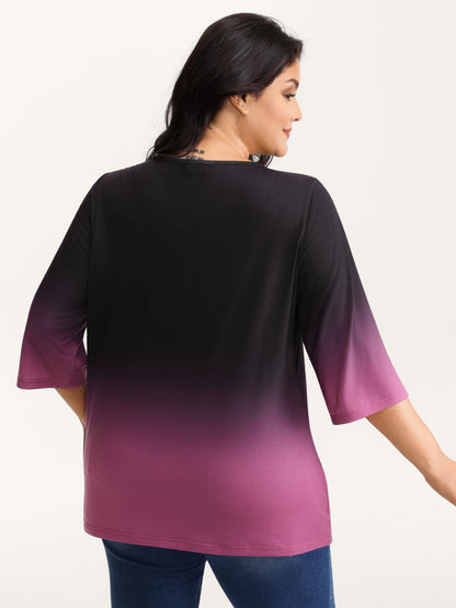 Color Gradient Pleated Button T-Shirt