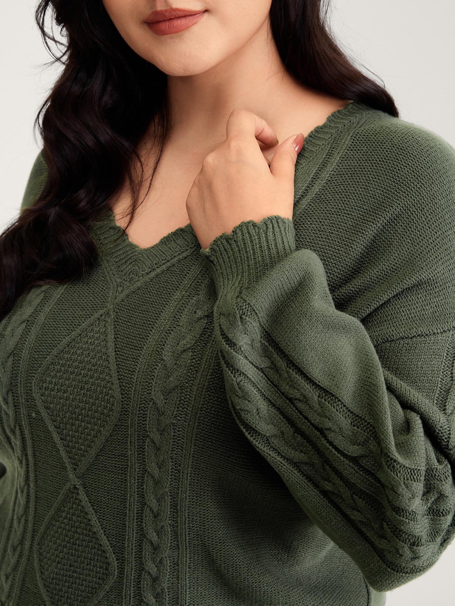 CableKnit Balloon Sleeve V-Neck Pullover