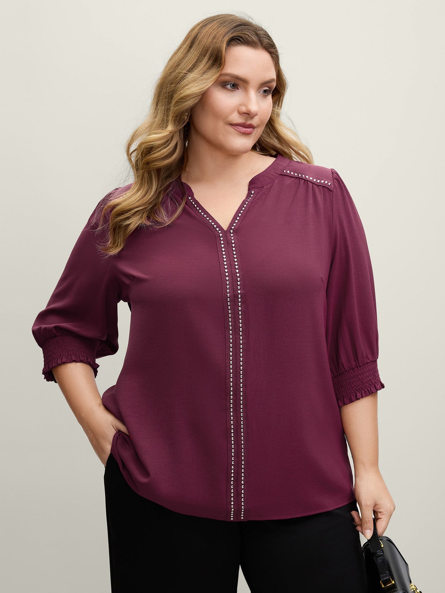 Shirred Cuffs Contrast Metallic Detail Blouse