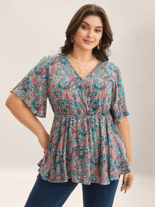 Paisley Print V-Neck Flared Sleeve Blouse