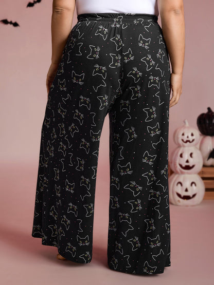 Meow Halloween Print Wide-Leg Lounge Pants
