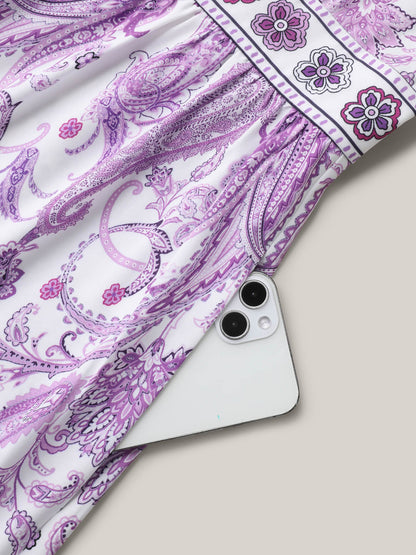 Paisley Print Notched Collar Ruffled Midi Dress