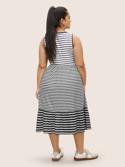 Striped Ruffle Layered Hem Tank Midi Dress