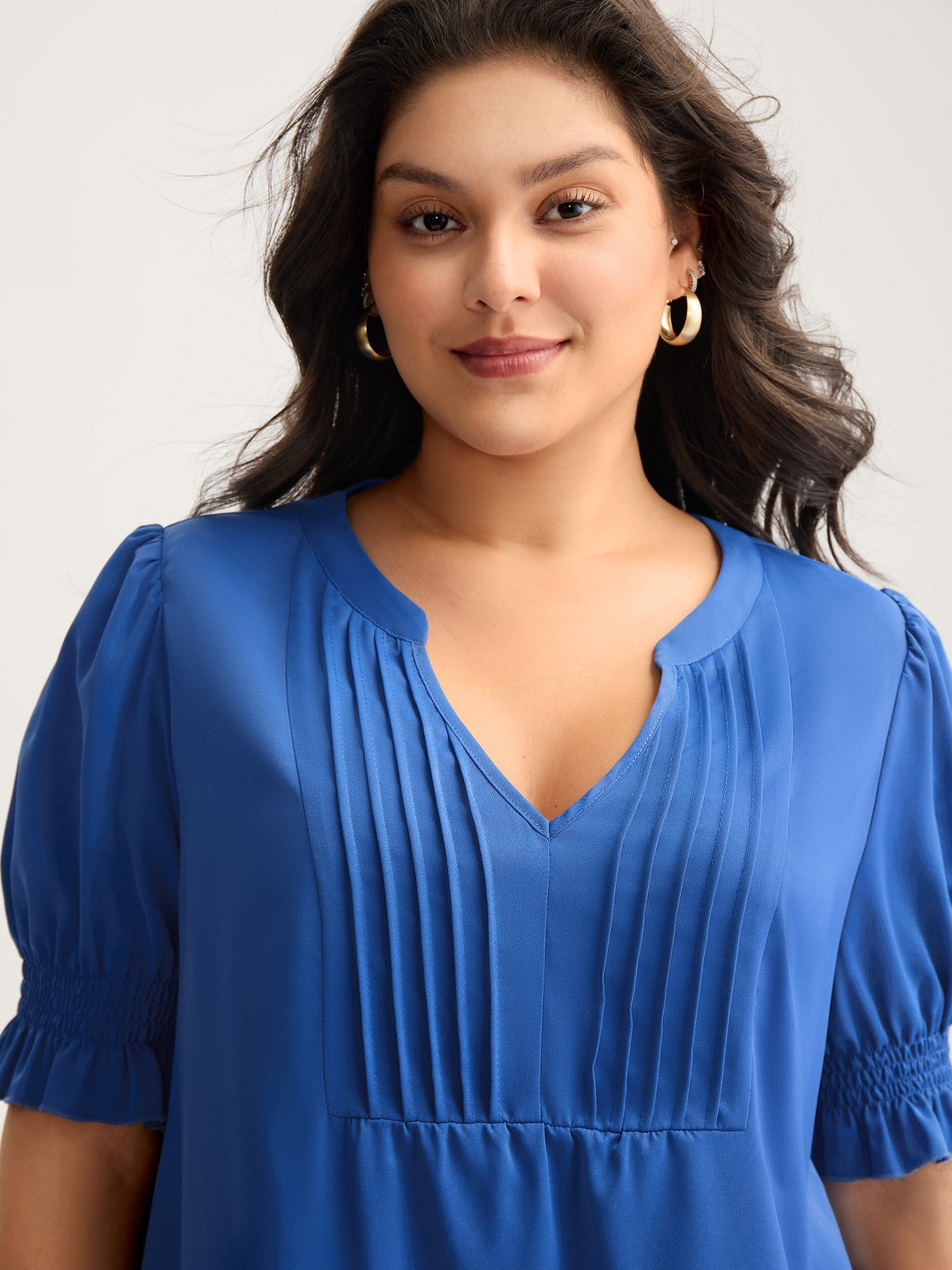 Shirred Cuffs Pintuck Pleats Solid Blouse