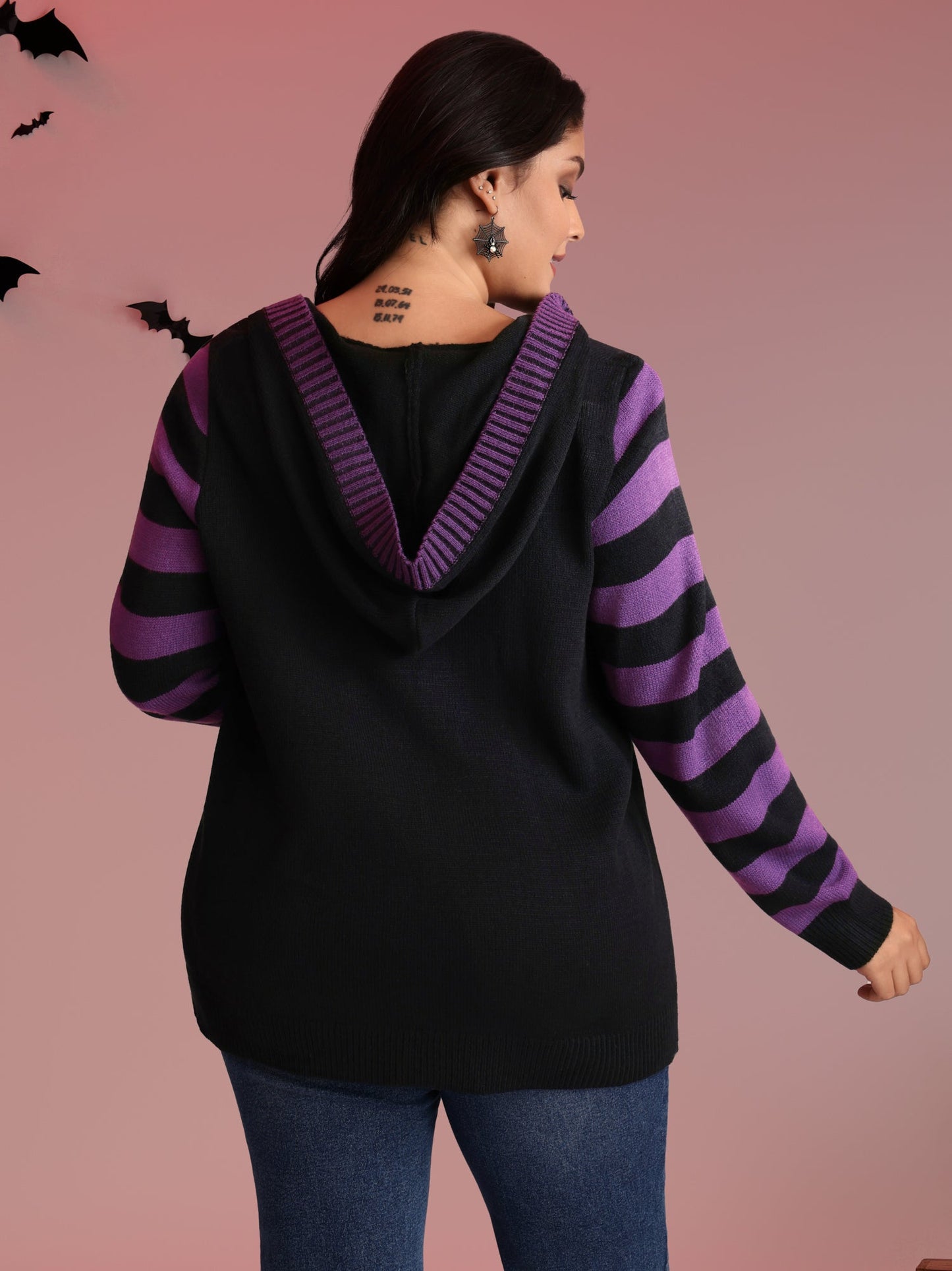 Stripes Sleeve Contrast Hooded Cardigan