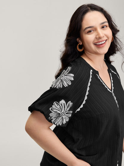Textured Floral Embroidered Notched Collar Blouse