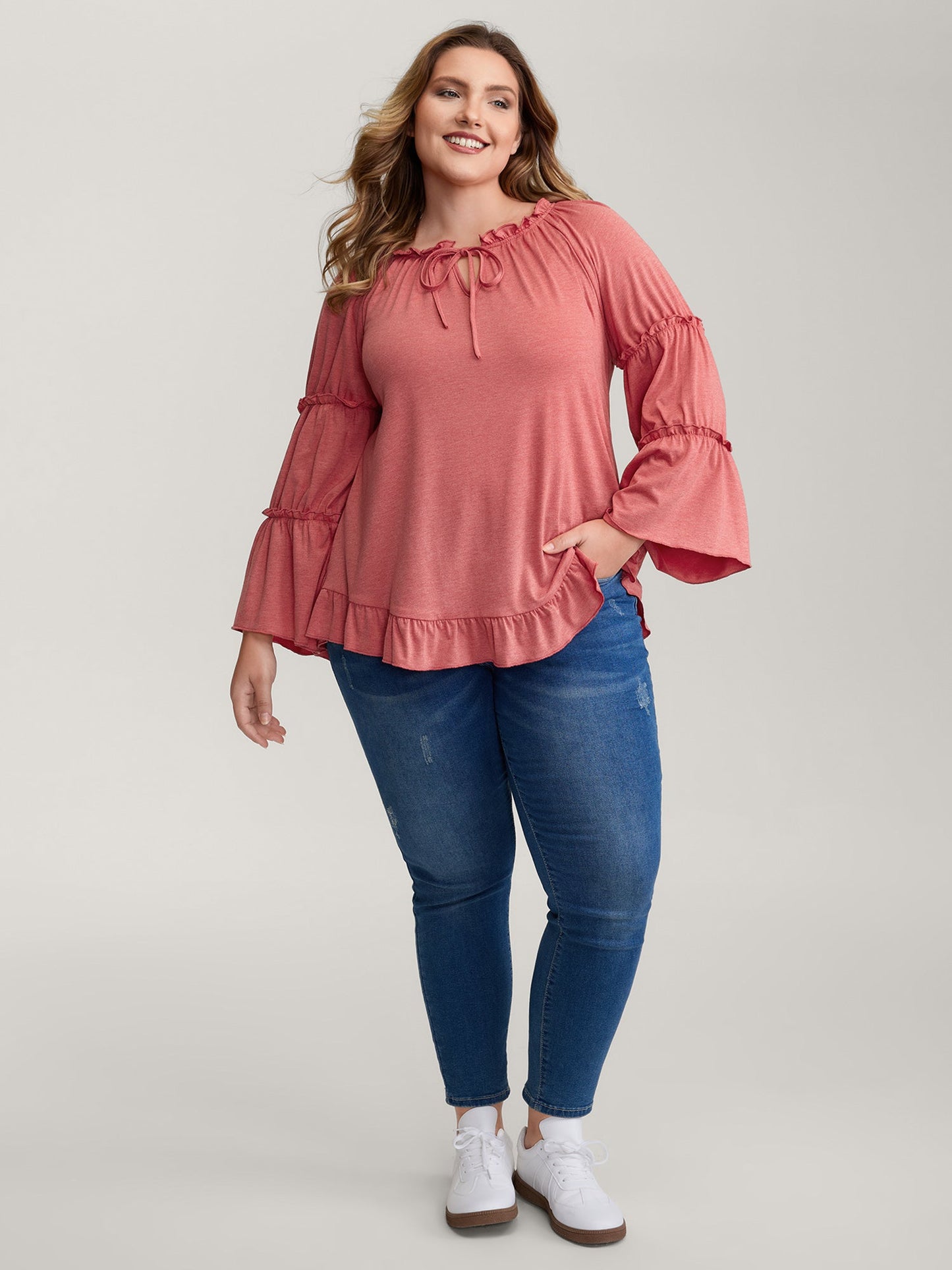 Supersoft Tiered Ruffled Sleeve Neck-Tie Top