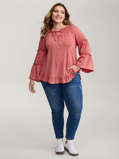 Supersoft Tiered Ruffled Sleeve Neck-Tie Top