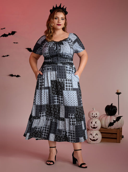 Paisley Collage Print Lace Trim Midi Dress