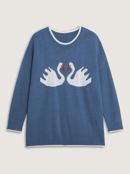 Swan Jacquard Pattern Color Contrast Pullover