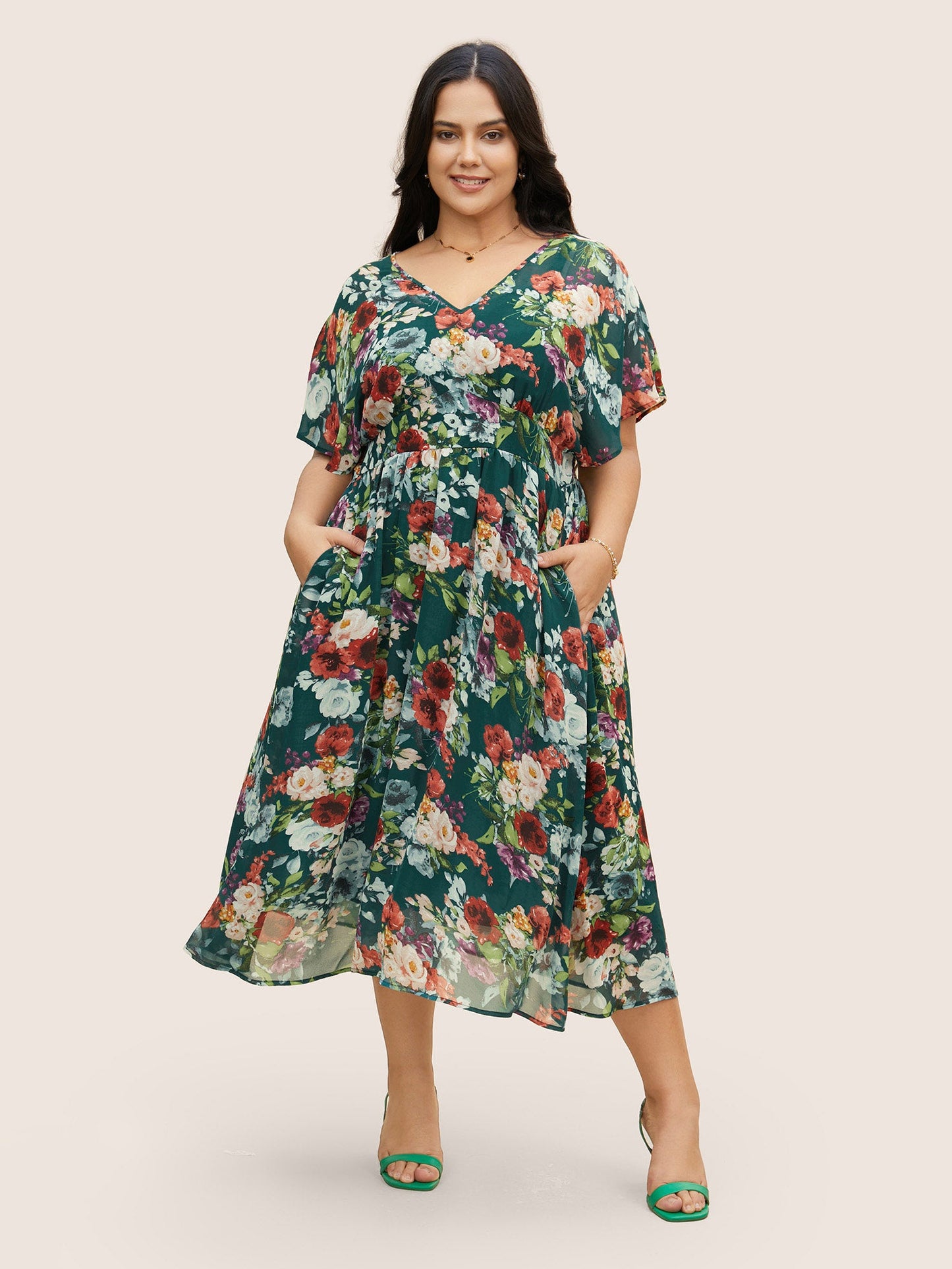 V Neck Chiffon Floral Dolman Sleeve Dress