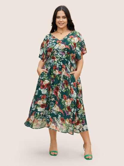 V Neck Chiffon Floral Dolman Sleeve Dress