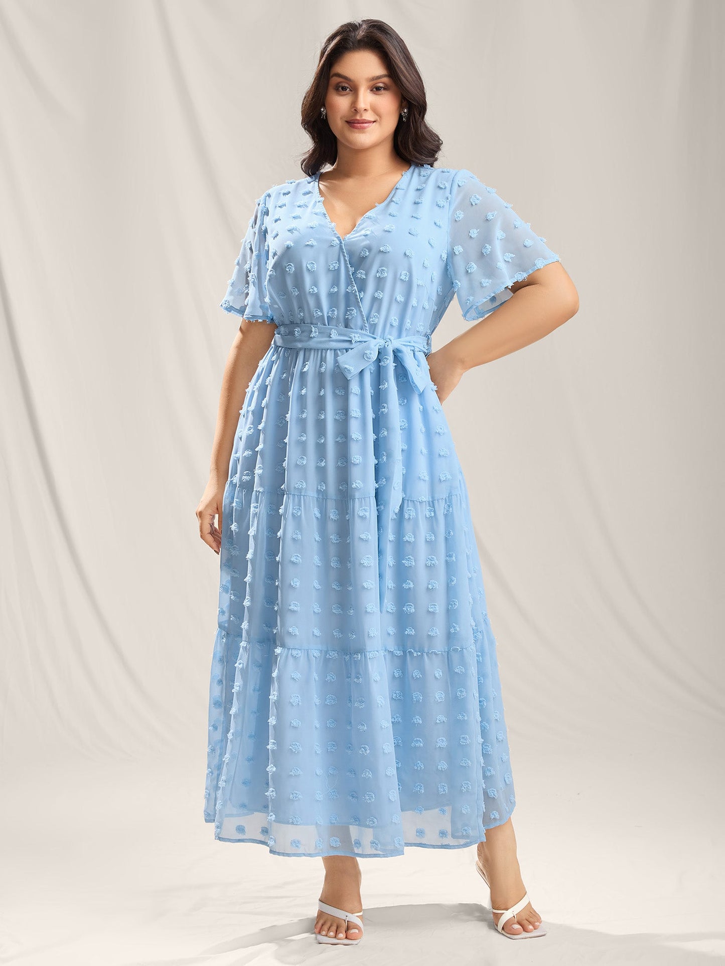 Fur Ball Textured Mesh Belted Midi Dress