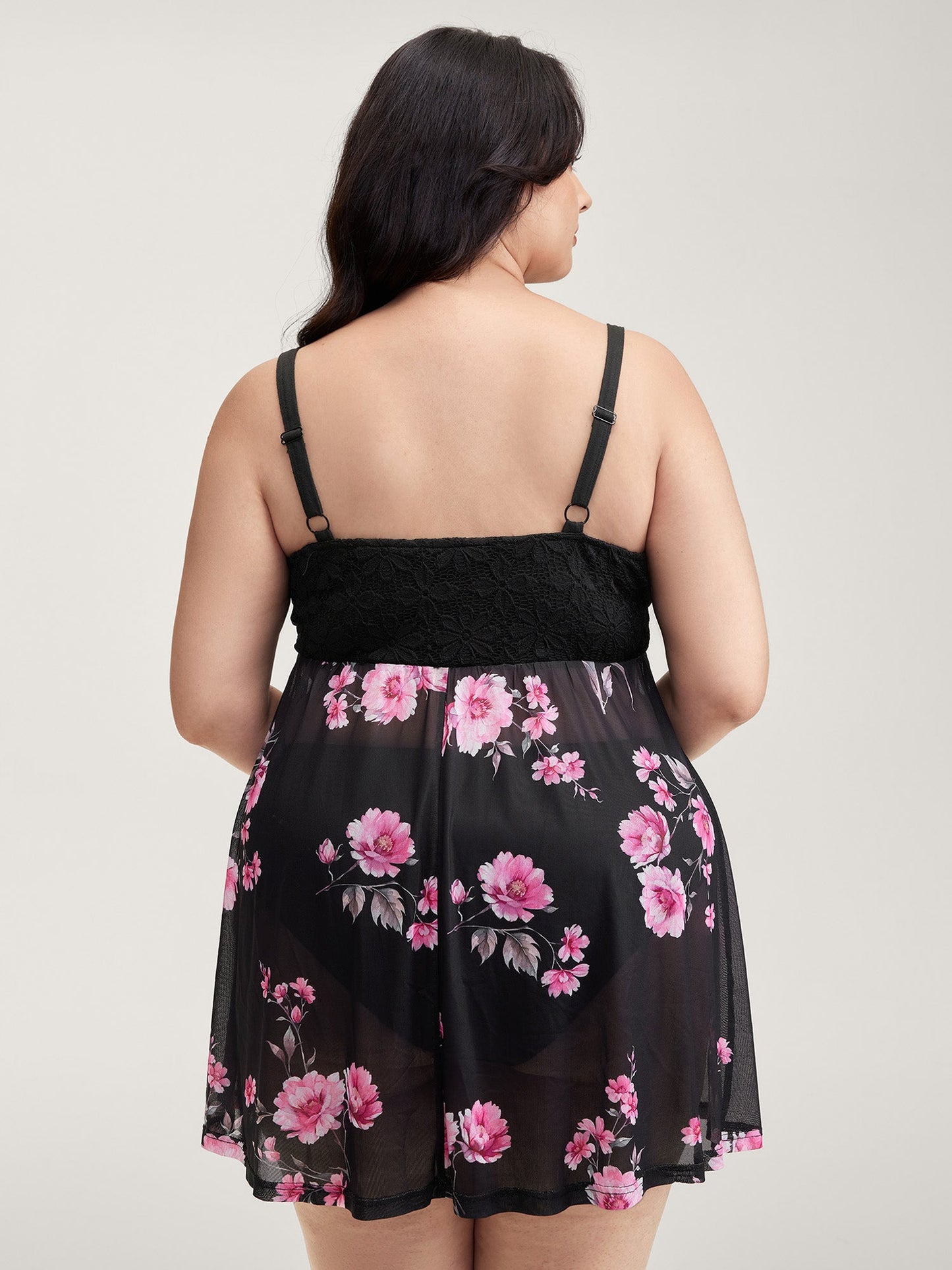 Floral Print Sheer Lace Trim Sleep Dress