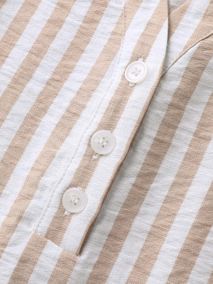 Stripe Print Tab Sleeve Notched Collar Blouse