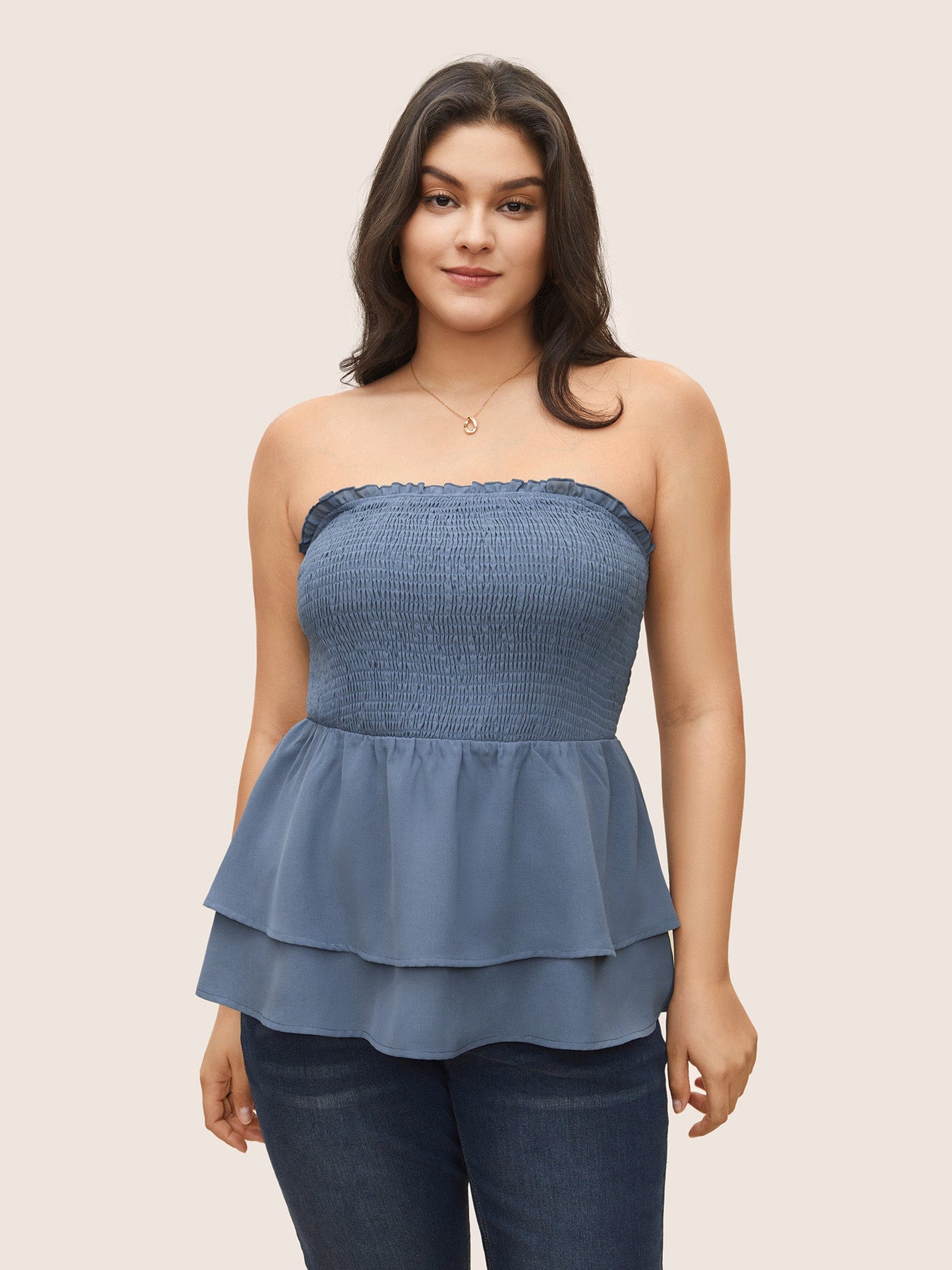 Solid Shirred Ruffle Layered Hem Cami Top