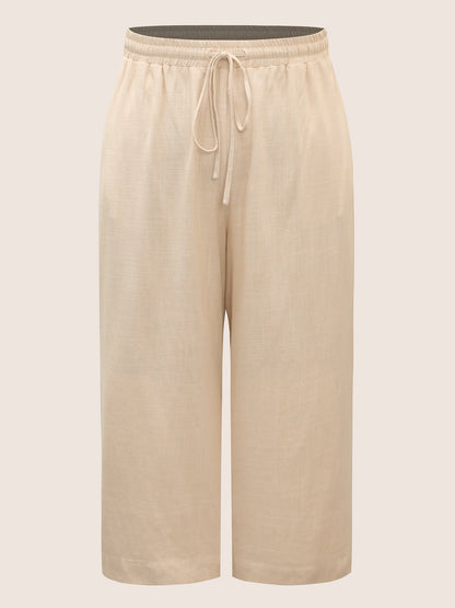 Linen Blend Drawstring Mid Rise Wide Leg Pants