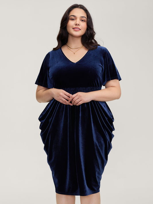 Velvet Shirred Waist Asymmetrical Hem Midi Dress