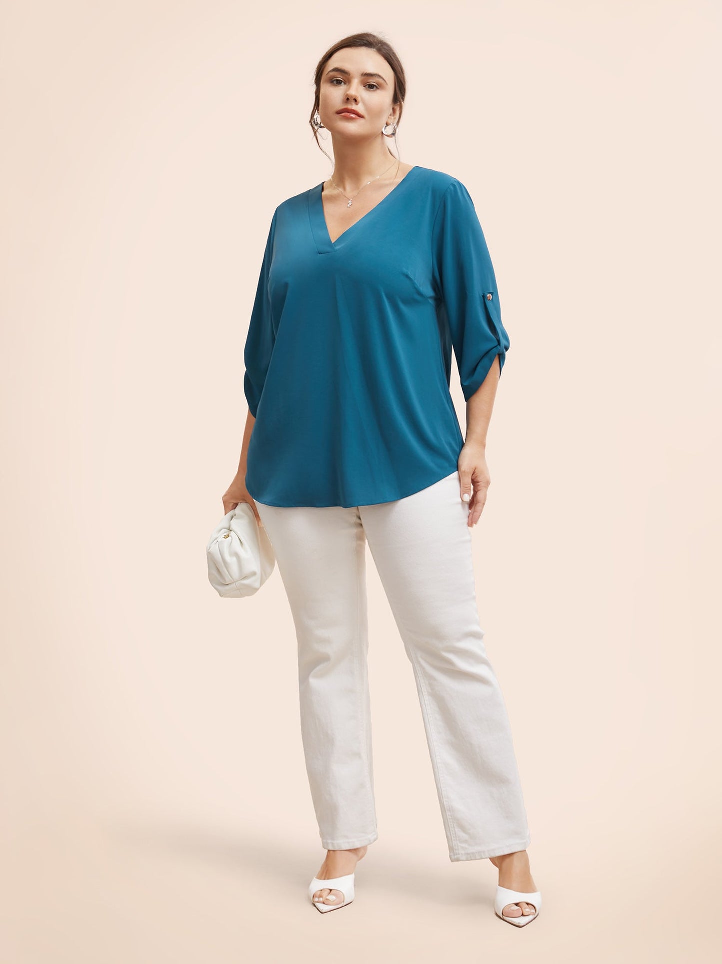 Solid Cuffed Sleeve Gathered Curved Hem Blouse