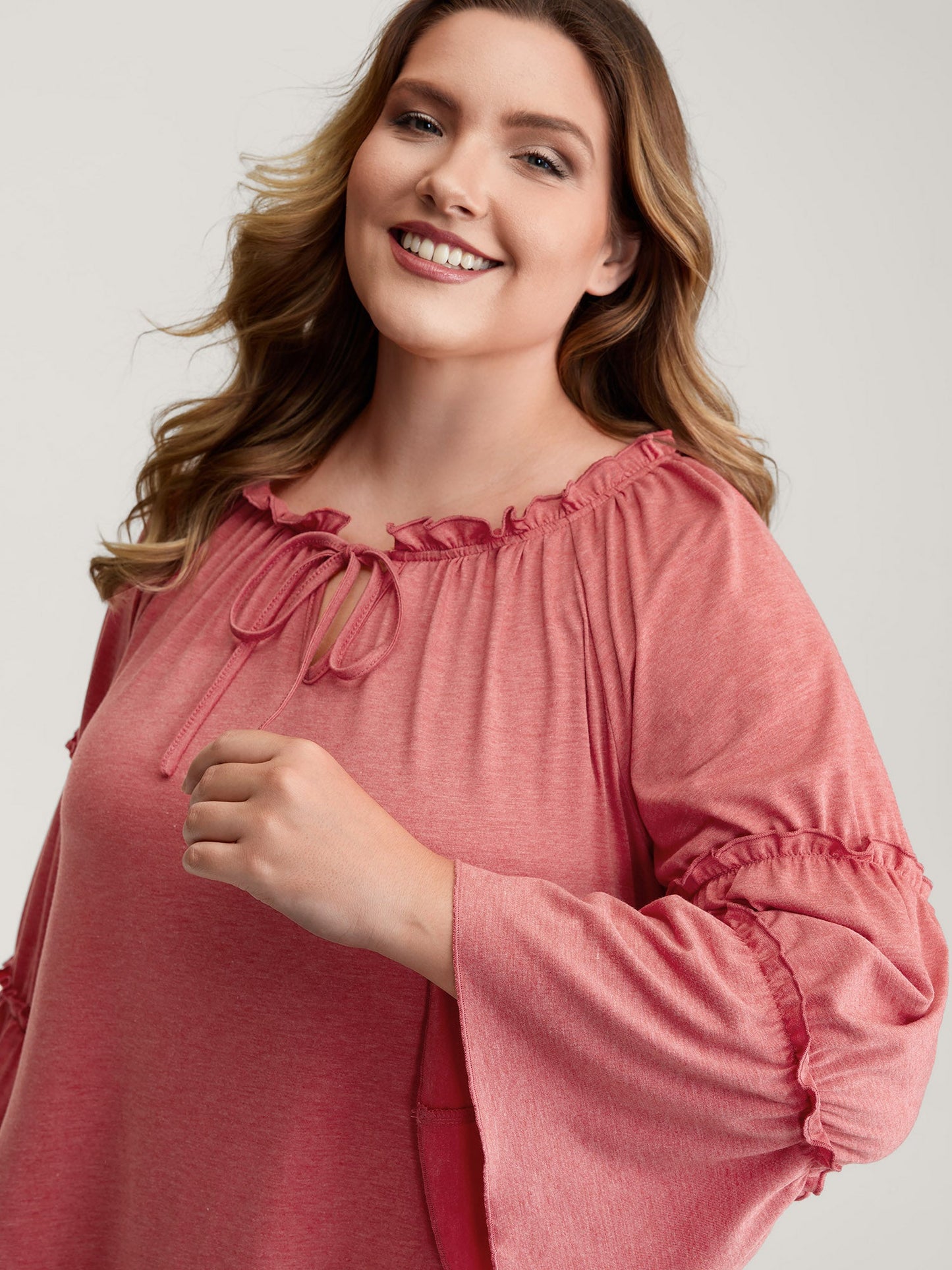 Supersoft Tiered Ruffled Sleeve Neck-Tie Top