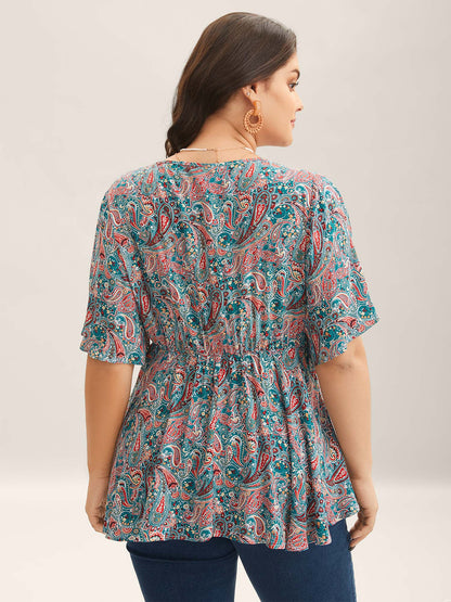 Paisley Print V-Neck Flared Sleeve Blouse