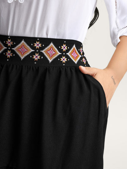 Boho Embroidered Wide Waistband Tiered Maxi Skirt