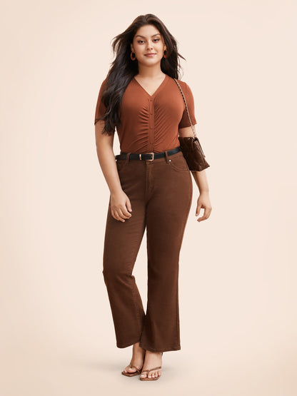 V Neck Button Detail Ruched T-shirt