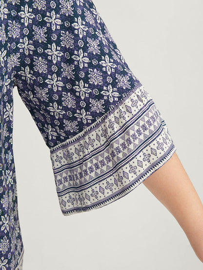 Floral Print Bell Sleeve Knotted Round Neck Blouse