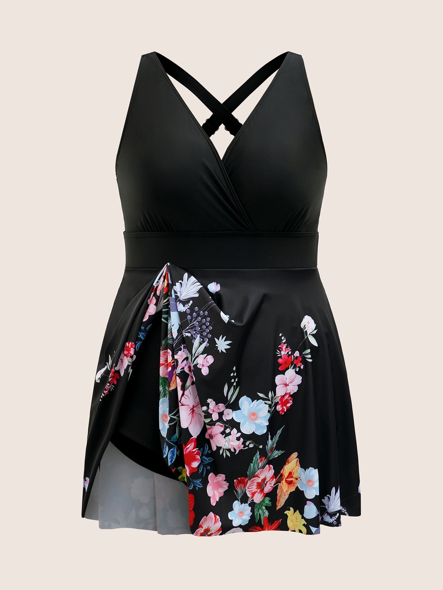 Overlap Collar Natural Flowers Gathered Swim Dress