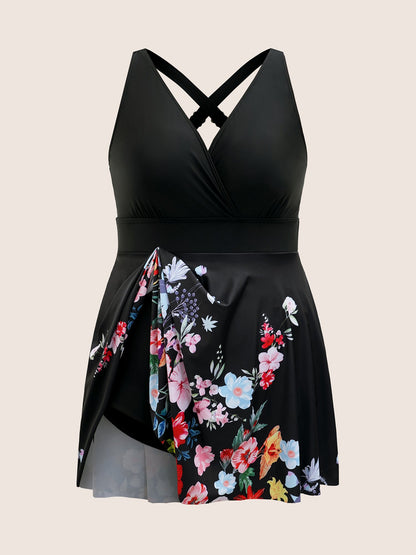 Overlap Collar Natural Flowers Gathered Swim Dress
