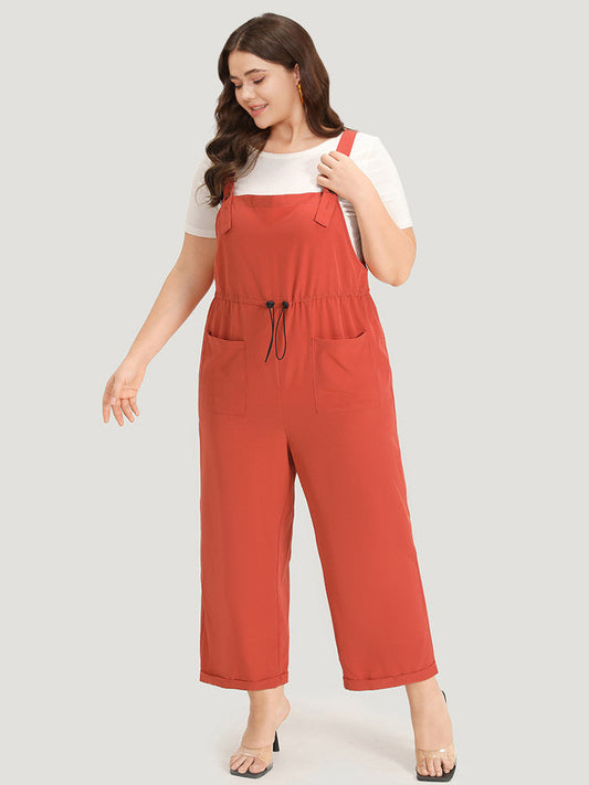 Plain Button Up Pocket Roll Hem Drawstring Jumpsuit