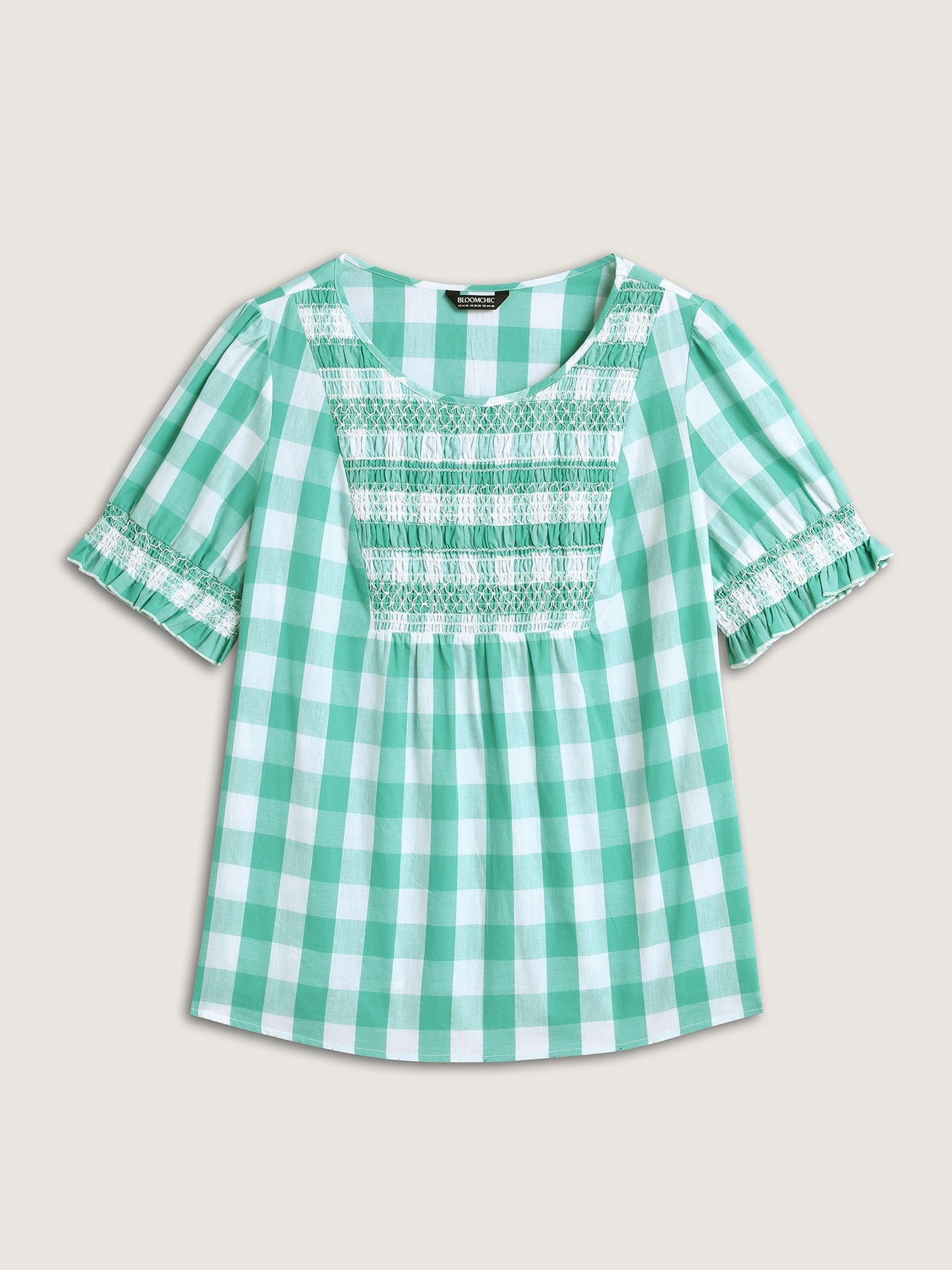 Cotton Plaid Print Shirred Neck Puffy Blouse