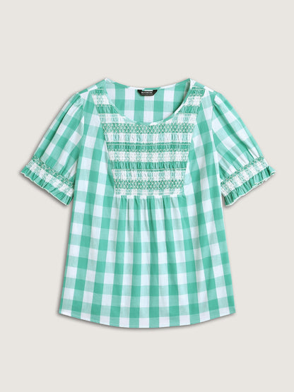 Cotton Plaid Print Shirred Neck Puffy Blouse