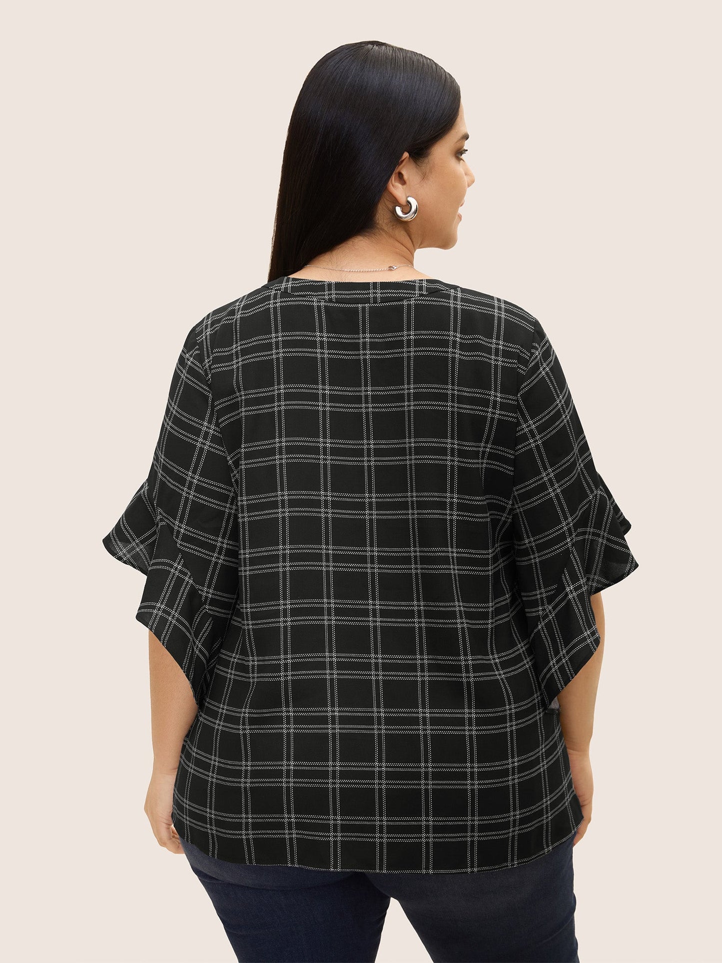 Plaid Notched Patchwork Ruffle Sleeve Blouse