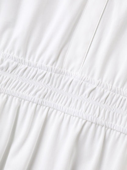 Woven Shirred Waist Solid Collar Midi Dress