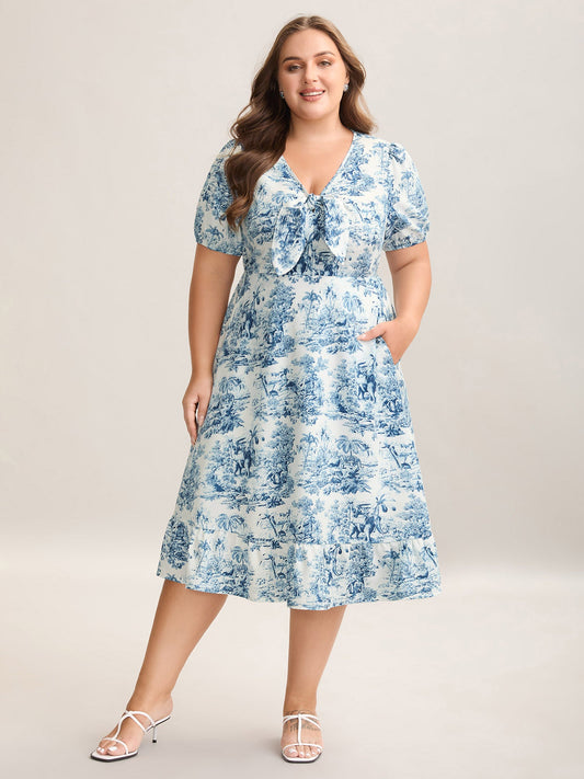 Forest Print Knotted Front Pockets Midi Dress