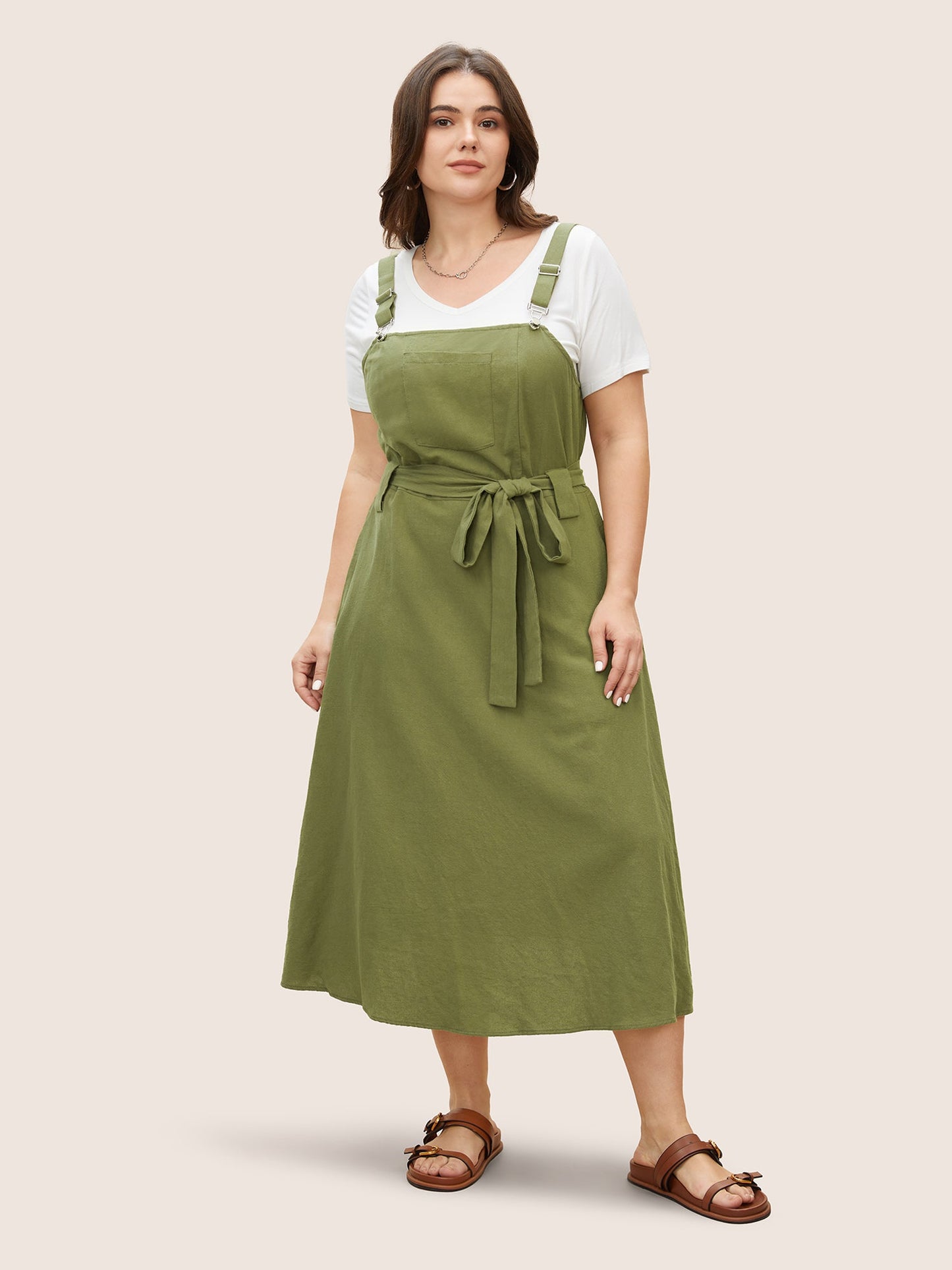 Solid Patched Pocket Adjustable Straps Belted Dress