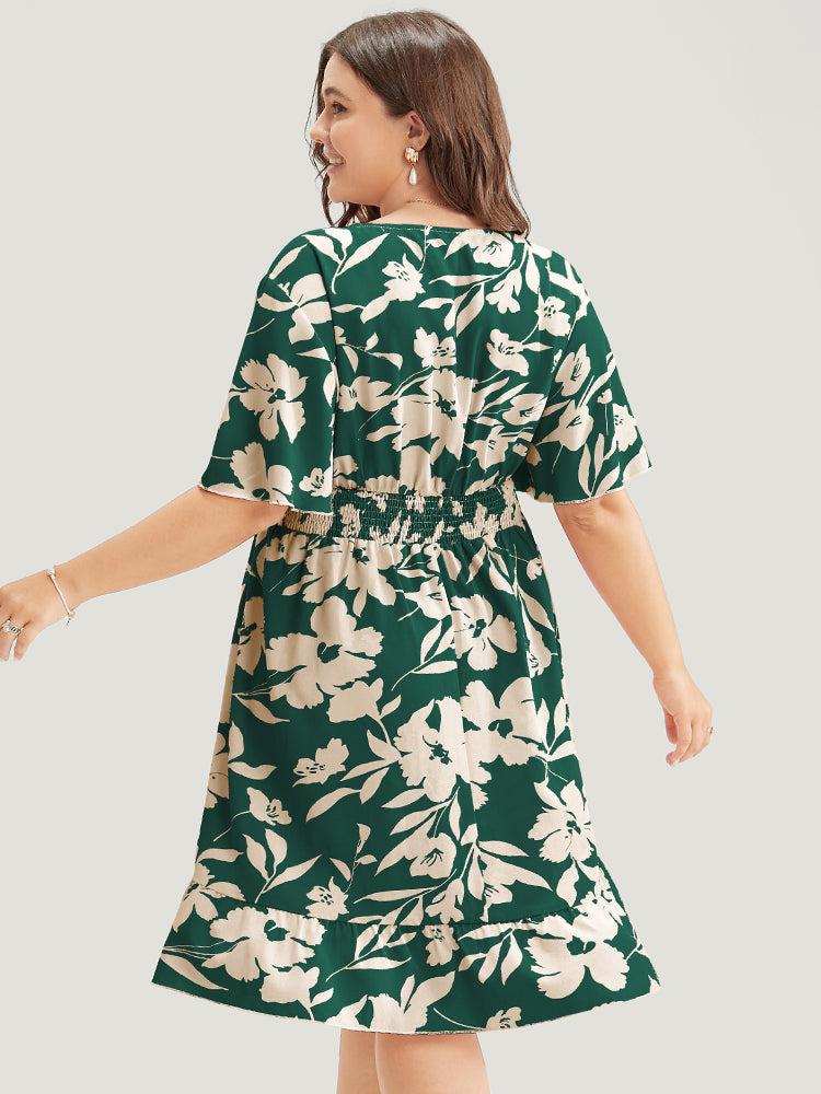 Floral Surplice Neck Flutter Pocket Shirred Knee Dress