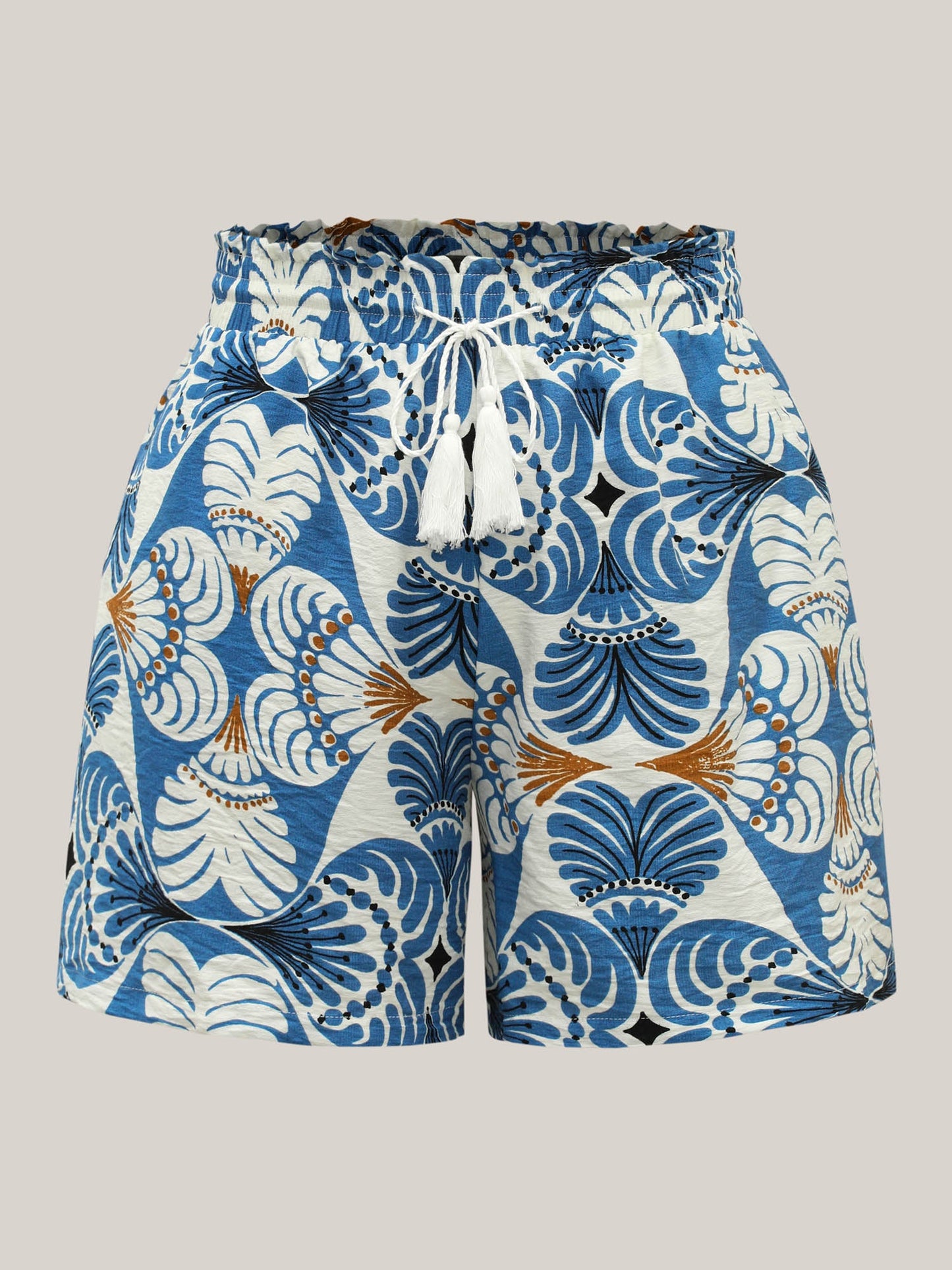 Boho Print Shirred Waist Straight-Fit Shorts