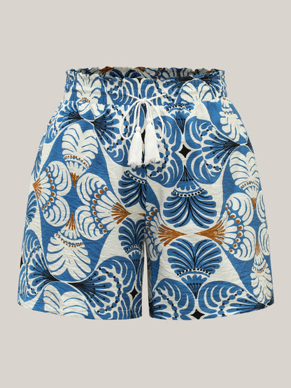 Boho Print Shirred Waist Straight-Fit Shorts