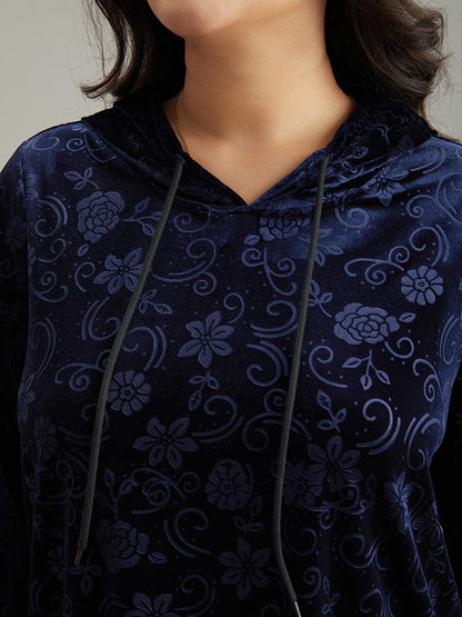 Velvet Solid Floral Hooded Drawstring Sweatshirt