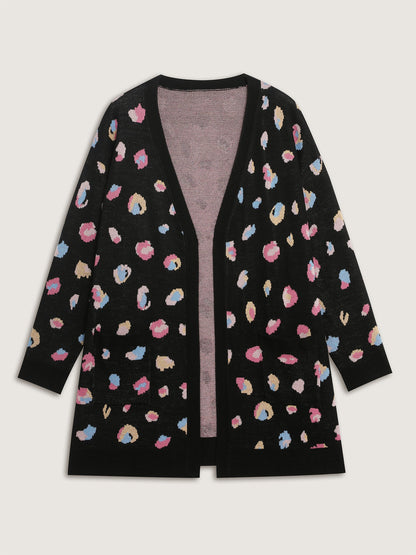 Colorful Leopard Print Pockets Knit Cardigan