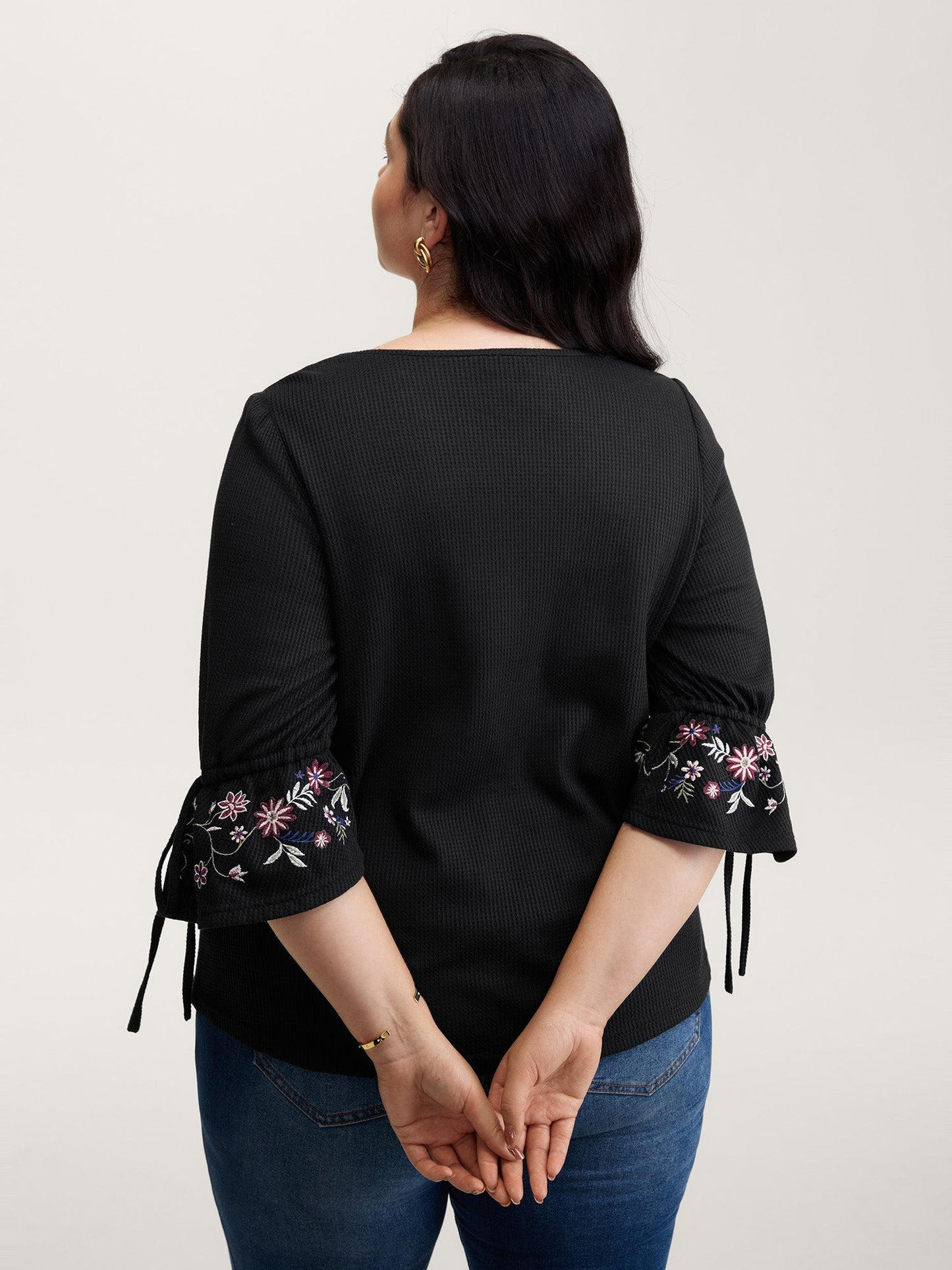 Floral Sleeve Embroidery Drawstring Knit Top
