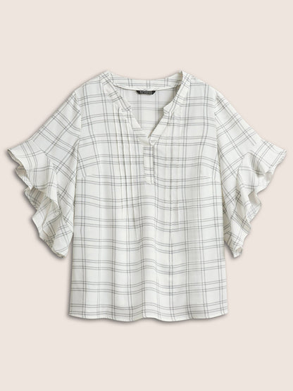 Plaid Notched Patchwork Ruffle Sleeve Blouse